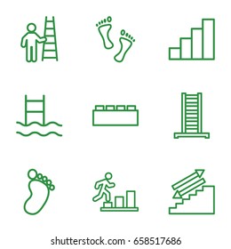 Step icons set. set of 9 step outline icons such as ladder, foot print, stair, foot, man going up, man with ladder, stairs, swimming ladder