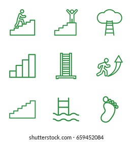 Step icons set. set of 9 step outline icons such as ladder, foot print, stair, man climbing stairs, man going up, stairs, man on stairs, ladder to the sky