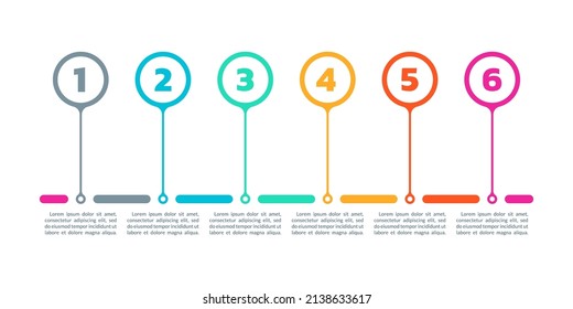 Step infographic with 6 numbers. Timeline info graphic with six pointers. Business process design. Presentation, workflow template. Vector illustration.