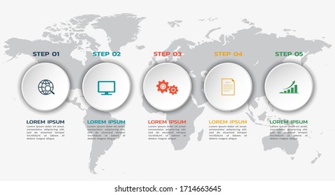 step infographic design with world map. workflow infographic template with round elements, icons and place for your text