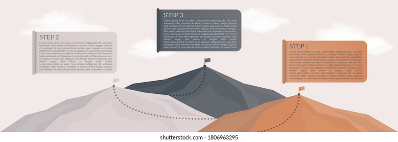 Step Infographic Three Mountains With Flags. Mountain Level Infographic Concept.