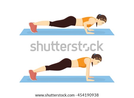 Step instruction for push up of woman. Cartoon illustration about work out. Foto stock © 