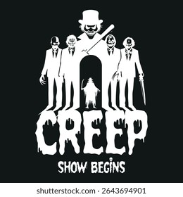 Entre nos holofotes sombrios com esta camiseta "Creep Show Begins" — perfeita para fãs de horror, amantes de Halloween e buscadores de emoção.