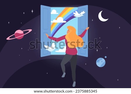 Step into fantasy world, freedom and hope forward vector illustration. Cartoon woman flying alone in universe among stars and planets to open door to heaven, blue sky, rainbow and doves in doorway
