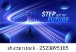 Step Into the Future: A Man Moving Toward Progress Amidst Growing Light Rays and Futuristic Buildings – Background Design for Corporate and Tech Events