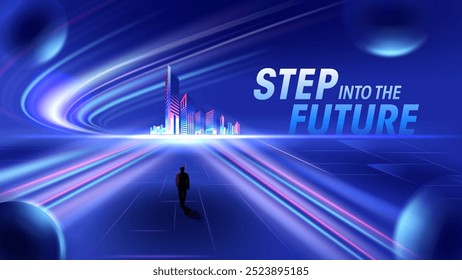 Step Into the Future: A Man Moving Toward Progress Amidst Growing Light Rays and Futuristic Buildings – Background Design for Corporate and Tech Events