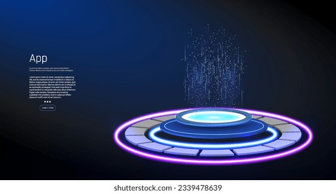 Step into the future with our circle portals, teleporting you to new dimensions. Our hologram gadget displays a blank stage, perfect for showcasing products in a futuristic cyberpunk style