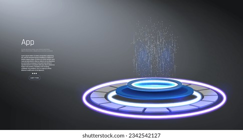 Step into the future with our circle portals, teleporting you to new dimensions. Our hologram gadget displays a blank stage, perfect for showcasing products in a futuristic cyberpunk style	