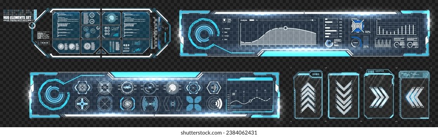 Step into the Future: Vector Set of Futuristic HUD Interface Elements for a Sci-Fi Digital Display This is a vector set of futuristic HUD interface elements. The elements are blue and black in color