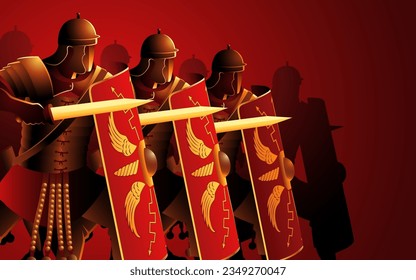 Step into history with this image, showcasing ancient Roman legionaries in battle-ready stances, prepared for conquest