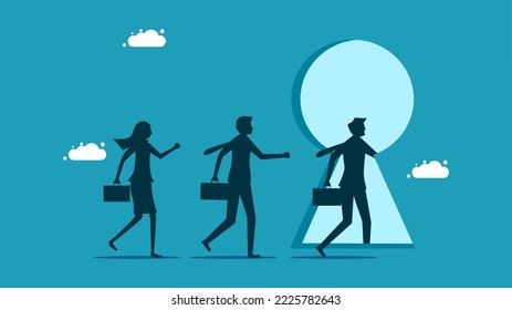 Step into the key to success or to new opportunities. team of business people enters the keyhole door