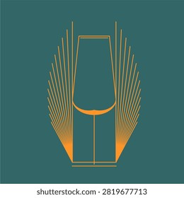Step into a lavish ballroom gala with this exquisite vector emblem celebrating the romance of high-end catering and festive buffet receptions. The design masterfully transforms an elegant champagne glass silhouette into a geometric centerpiece, shooting dynamic linear rays and architectural sunburst beams directly from behind the crystal bowl. Framed by sharp symmetrical borders that echo the vintage glamour of secret 1920s elite parties and luxury hotel lounges, this sophisticated graphic asset serves as an exceptional corporate identity logo, chic wedding catering sign, or premium event drink menu decoration.