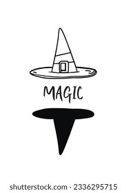 Entrar en el mundo místico de la magia con este cautivador cartel que presenta el arte de la línea de un sombrero de bruja y su reflejo como una forma negra con la palabra 'Mágica'.