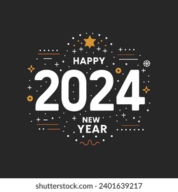 Step into the New Year with chic sophistication. Realistic golden 2024 numbers adorn a stylish black background, complemented by festive confetti. This vector illustration embodies elegance for a jubi