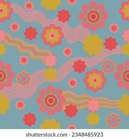 Step into nostalgia with our 70's retro pattern. Playful motifs, floral charm, and wavy lines capture an era. Perfect for kids, women, and chic home vibes