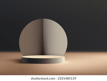 Entrar en un podio realista de color beige 3D con un fondo circular en el suelo beige y fondo negro. Esta maqueta de ilustrador vectorial muestra un concepto de interior moderno para la presentación de productos en un diseño