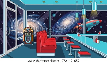 Step into a retro diner with a futuristic twist. Large windows offer a breathtaking view of galaxies and planets. Enjoy the classic diner setting with jukebox, red booth, and stools at the counter,