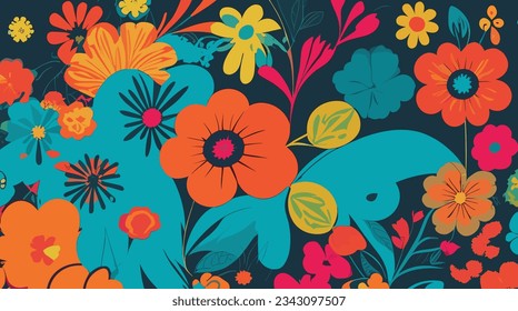 Step into Retro Floral Frenzy: 70s-inspired bold flowers on dark background. Ideal for vintage designs, prints, decor. Editable, Customizable.