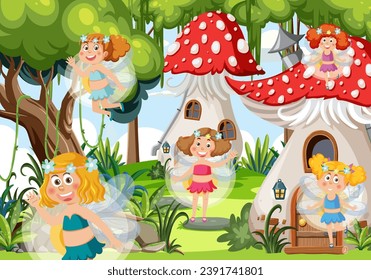 Step into a whimsical world of enchantment with fairies in a vibrant forest