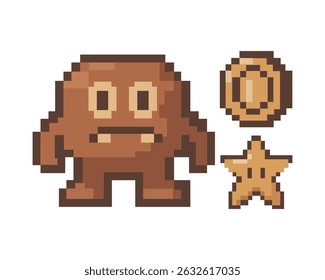 Step into the whimsical world of pixel art where a charming pixelated character, accompanied by a golden coin and star, pops up.