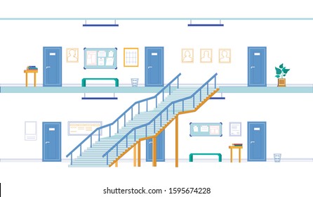 Step Ladder, Connecting Two Floors in University Building. Doors to Lecture Halls. Famous Graduates and Sponsors Portraits. Notice Boards with Announcements and Schedules. Benches and Planters.