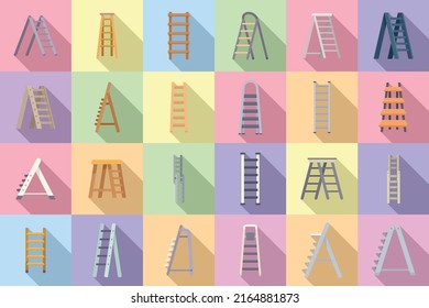 Step ladder icons set flat vector. Home metal. Stairway wooden