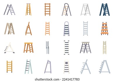 Step ladder icons set flat vector. Home metal. Stairway wooden isolated