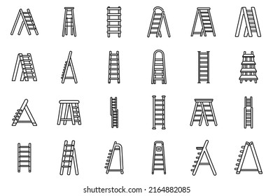 Step ladder icons set outline vector. Home metal. Stairway wooden