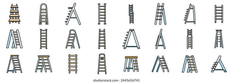 Step ladder icons set outline vector. Home metal. Stairway wooden thin line color flat on white