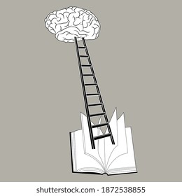 Step ladder leading from open book to human brain. Black and white silhouette. Creative concept for education and knowledge.