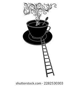 Step ladder leading to a steaming cup of tea or coffee. Creative funny beverage design. Black and white silhouette.