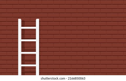 Step ladder leaning on brick wall, building and construction works concepts, realistic 3d vector illustration. Wooden stair in front of the wall. Banner with copy space for text.