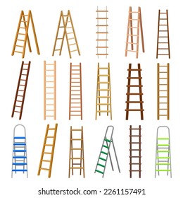 Step ladders set. Wooden and metal stairs for domestic and construction needs cartoon vector illustration