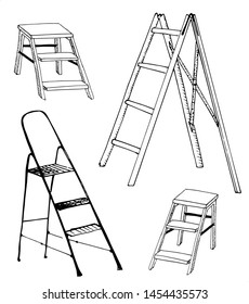 Step ladders sketch set. Collection of hand drawn ladders isolated on white. Sketch style vector illustration.