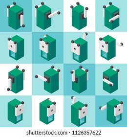 Step motion movements Set of Green pencil sharpener isometric 3D illustrations