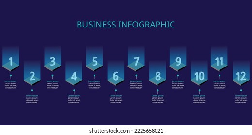 step number chart template for infographic for presentation for 12 element with blue light