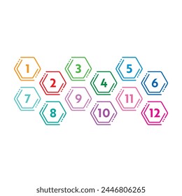 Step numbers 1-12 in colored hexagons. numbers 1-12 concept for business, education, technology, science world