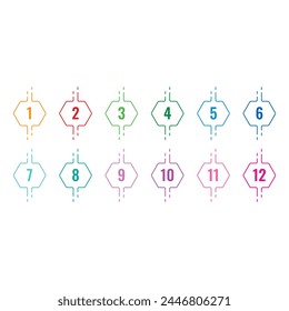 step numbers 1-12 in thin lined hexagons. numbers 1-12 concept for business, education, technology, science world