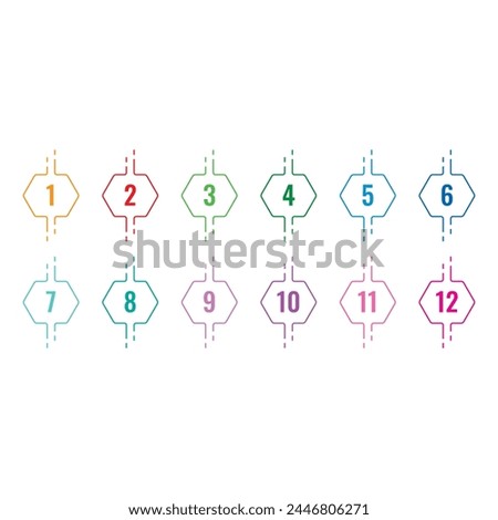 step numbers 1-12 in thin lined hexagons. numbers 1-12 concept for business, education, technology, science world