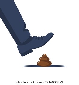 Pase en el poop. Un hombre pisa mierda. Sorpresa desagradable, problemas inesperados. La mierda pasa. Diseño plano de ilustración vectorial. Aislado sobre fondo blanco.