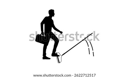 step on a rake, black isolated silhouette
