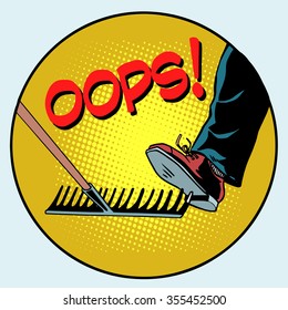 To step on a rake. Failure and problems pop art retro style. The business concept is a bad way, bad decision