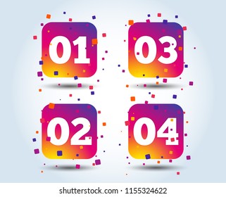 Step one, two, three and four icons. Sequence of options symbols. Loading process signs. Colour gradient square buttons. Flat design concept. Vector