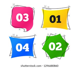 Step one, two, three and four icons. Sequence of options symbols. Loading process signs. Geometric colorful tags. Banners with flat icons. Trendy design. Vector