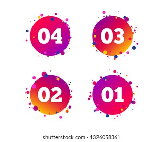 Step one, two, three and four icons. Sequence of options symbols. Loading process signs. Gradient circle buttons with icons. Random dots design. Vector