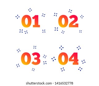 Step one, two, three and four icons. Sequence of options symbols. Loading process signs. Random dynamic shapes. Gradient steps icon. Vector