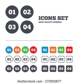 Step one, two, three and four icons. Sequence of options symbols. Loading process signs. Web buttons set. Circles and squares templates. Vector
