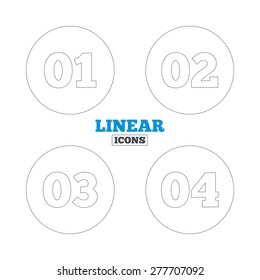 Step one, two, three and four icons. Sequence of options symbols. Loading process signs. Linear outline web icons. Vector