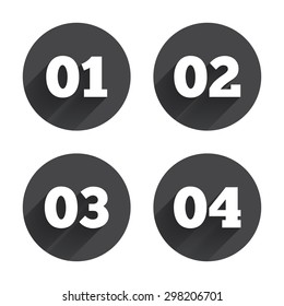 Step One, Two, Three And Four Icons. Sequence Of Options Symbols. Loading Process Signs. Circles Buttons With Long Flat Shadow. Vector