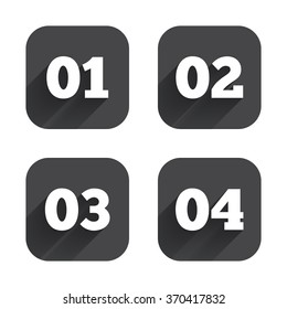 Step one, two, three and four icons. Sequence of options symbols. Loading process signs. Square flat buttons with long shadow.